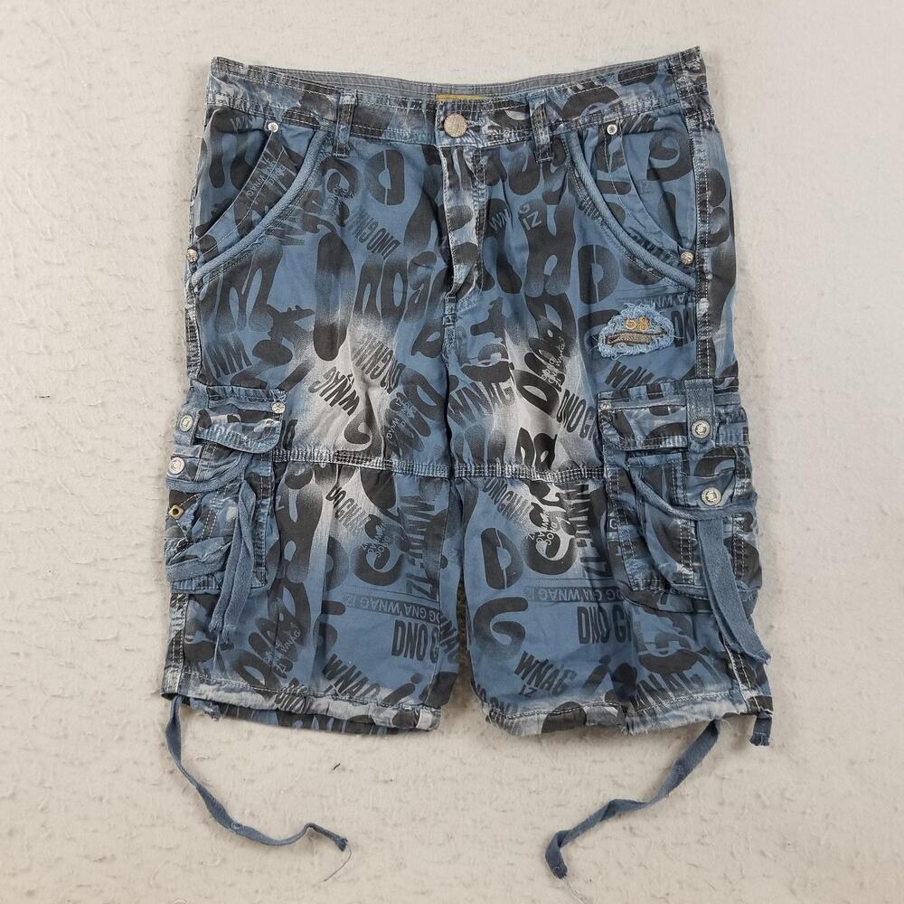 Cargo Shorts Mens 32 Blue‎ All Over Print Multi Pocket Drawstring Y2K Streetwear